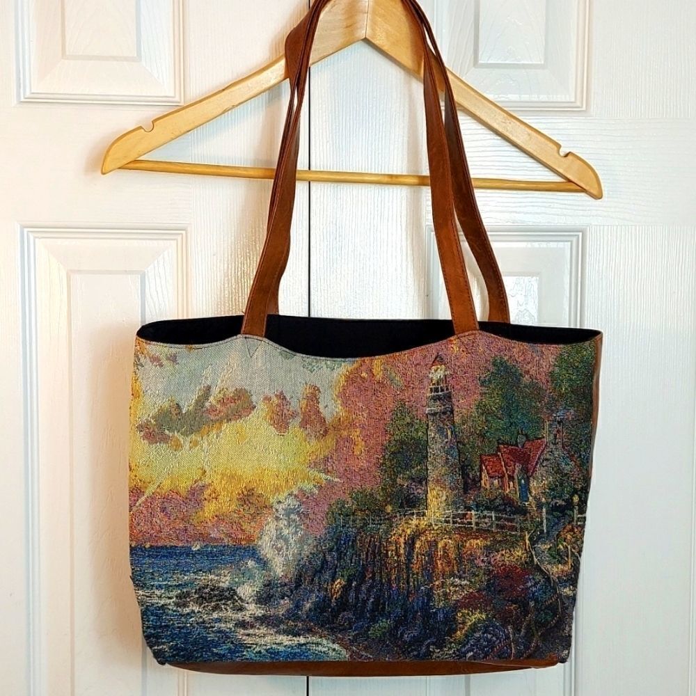 Thomas Kinkade Needlepoint Canvas "Light Of Peace" Lighthouse Tote